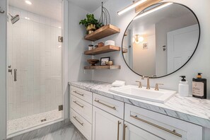 Shower, hair dryer, towels, soap - "A Room with a View" East Bay Waterfront with Pool (Traverse City)