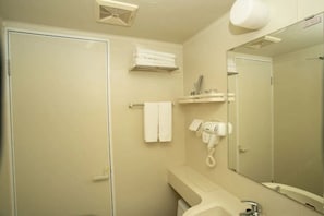 Un baño con ducha, lavamanos, espejo, toallero y secador de pelo.