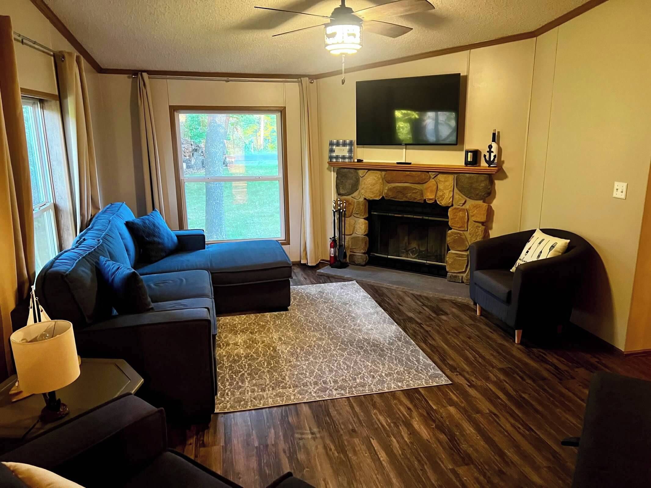 Smart TV, fireplace, video games, DVD player