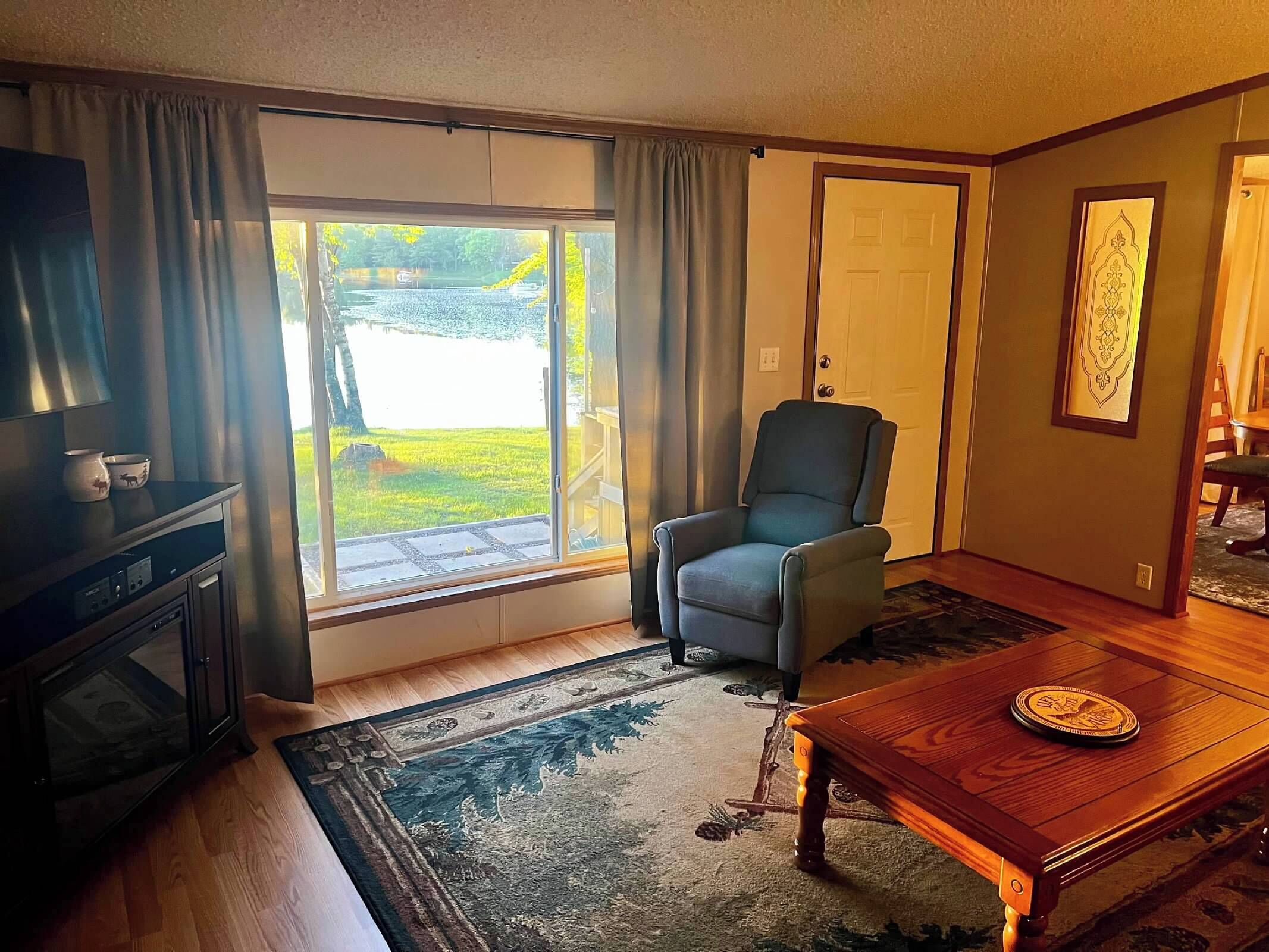 Smart TV, fireplace, video games, DVD player