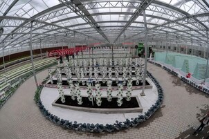 A greenhouse structure with a circular central area surrounded by rows of plants.
