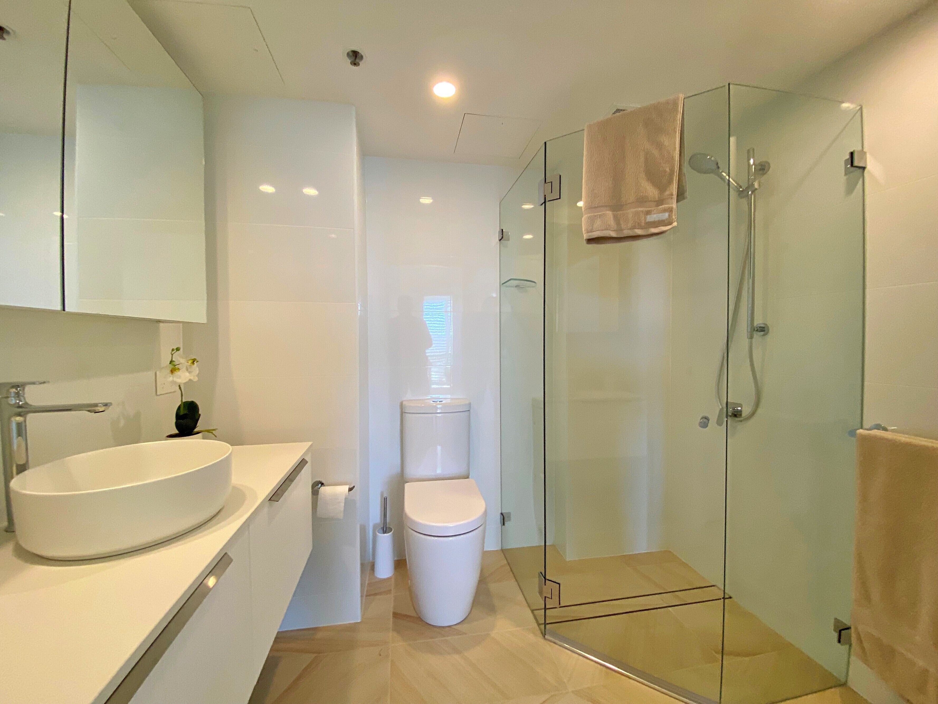 Shower, hair dryer, towels
