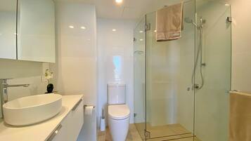 Shower, hair dryer, towels
