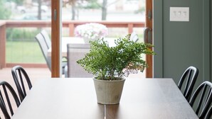 A dining area with a long table, chairs, a potted plant, and a ceiling light fixture.