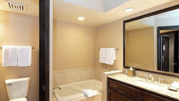 Une salle de bain moderne équipée d’une baignoire, de toilettes et d’un meuble-lavabo.