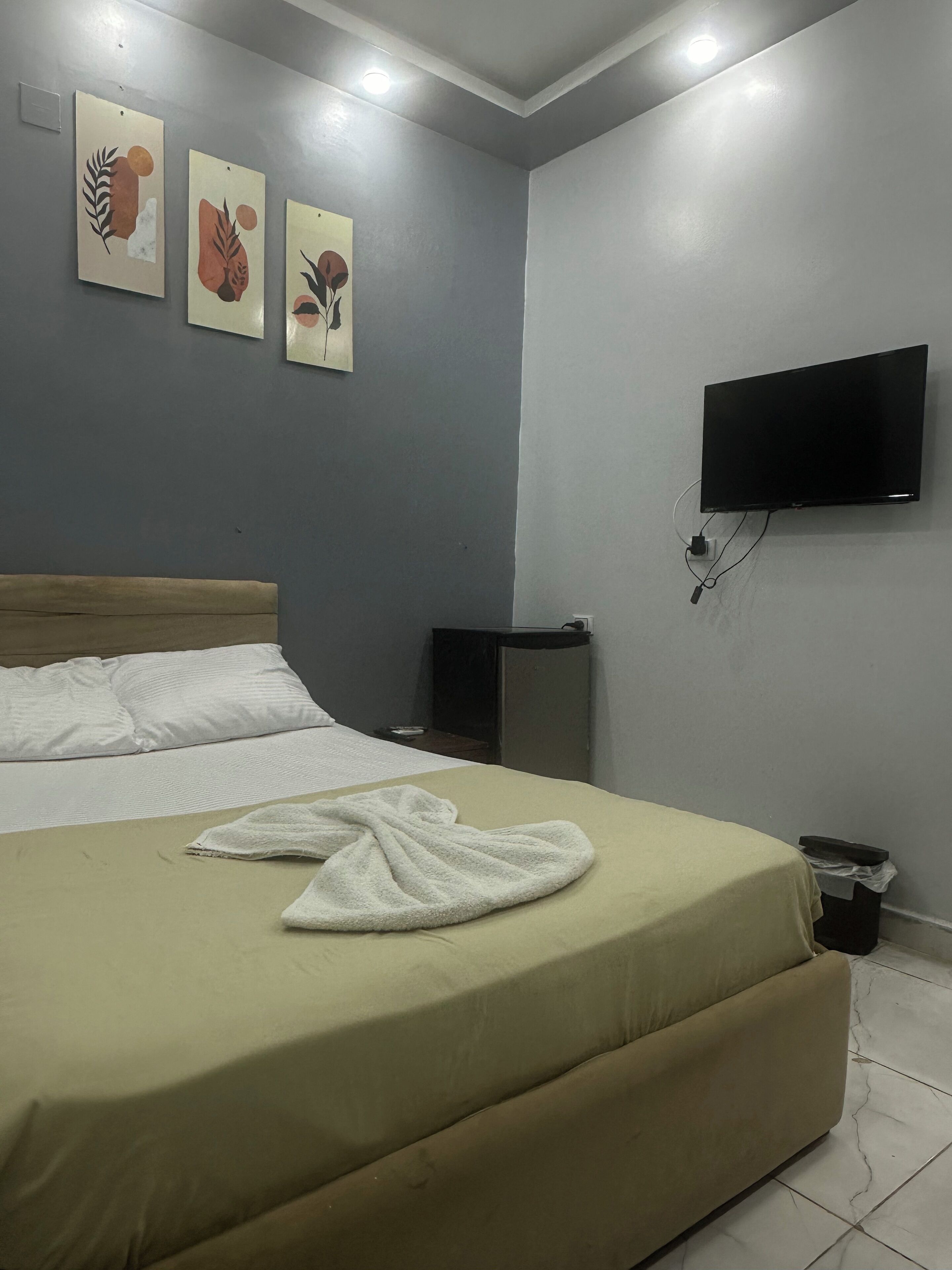 A neatly made bed with a beige bedspread and a white towel folded on it. There are three wall-mounted artworks depicting abstract floral designs. A flat-screen TV is mounted on the wall to the right of the bed.