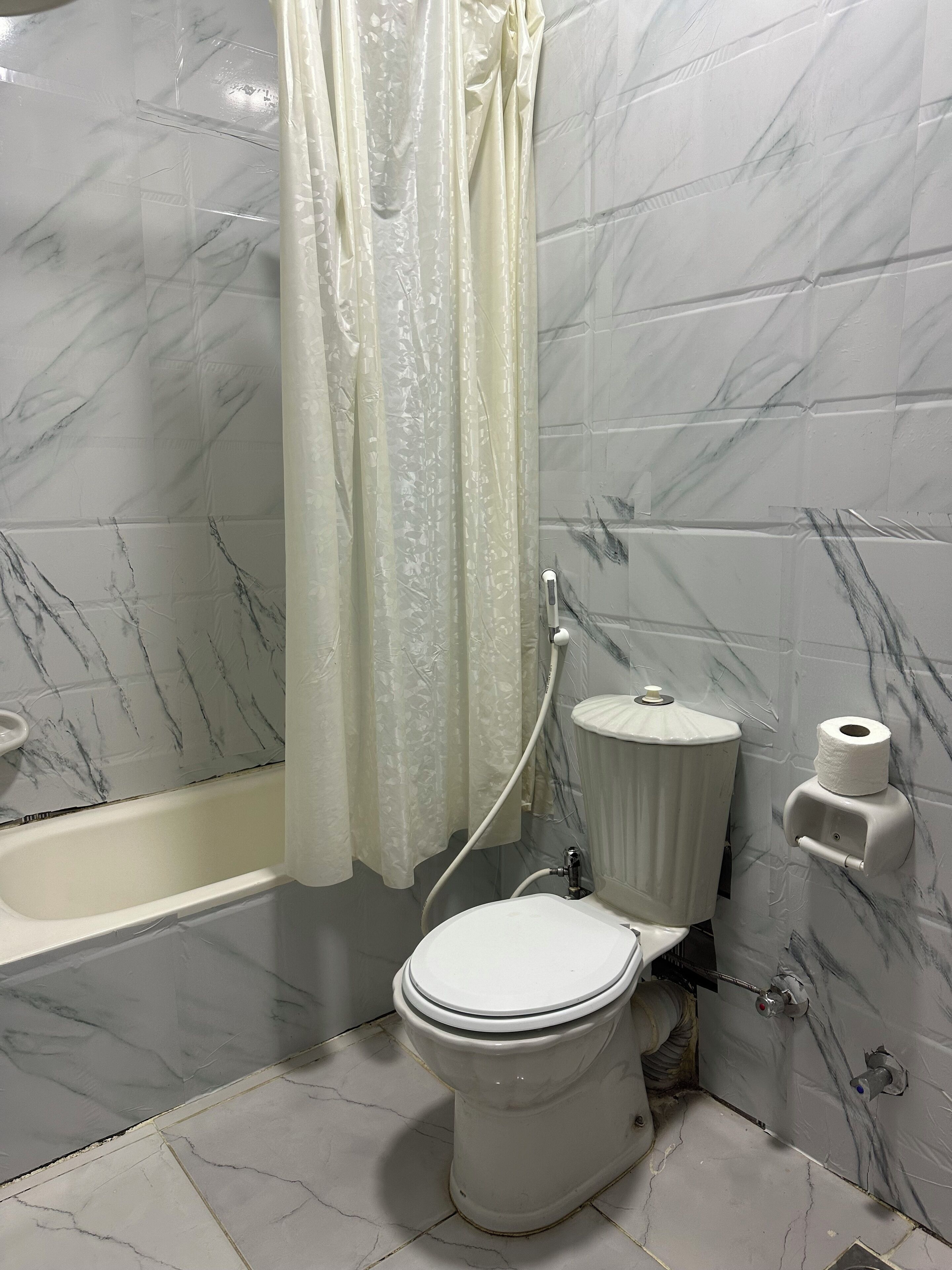 A bathroom with a toilet, a bathtub, and a shower curtain.