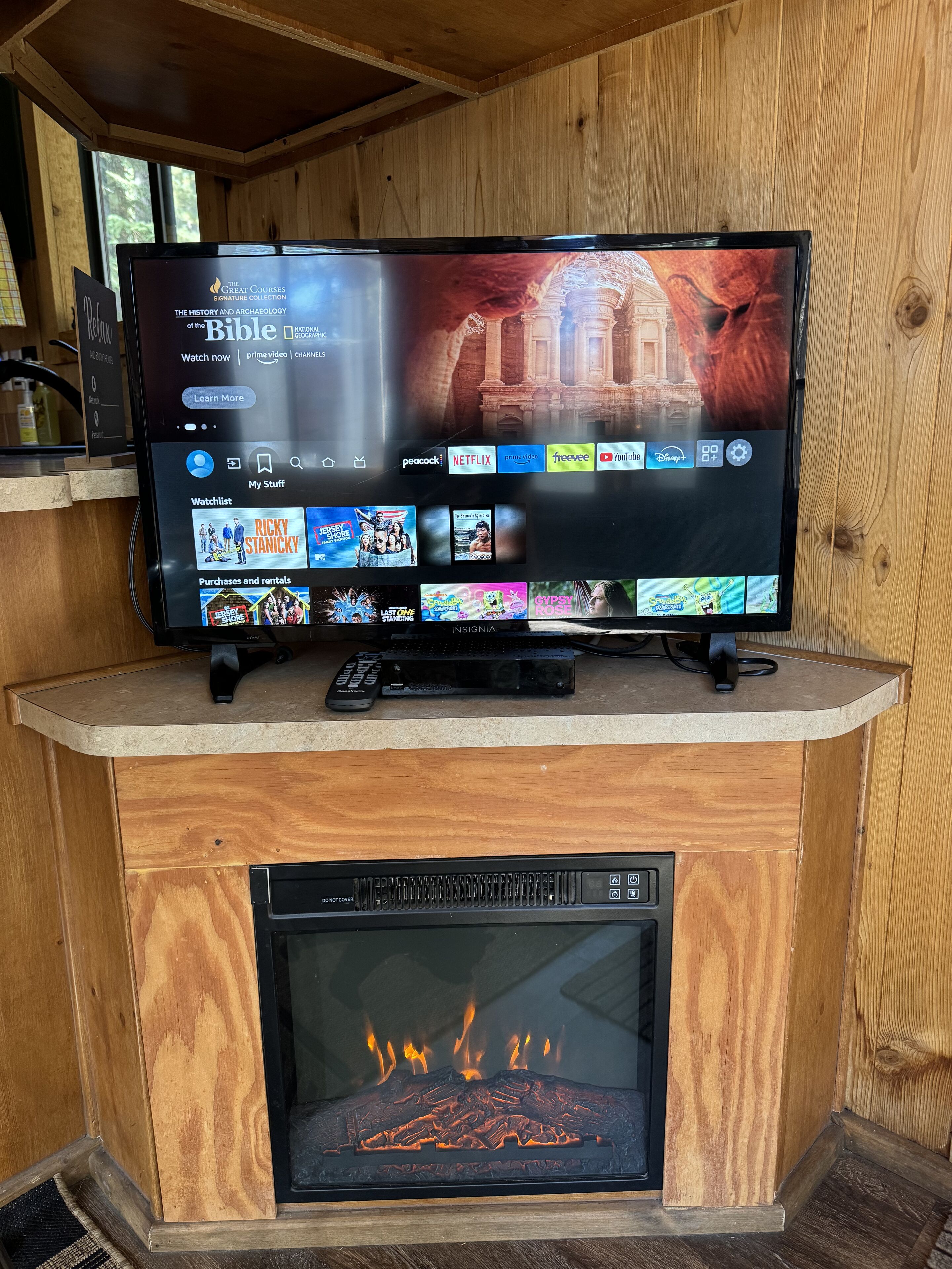A flat-screen TV on a wooden shelf displaying a streaming service interface with a fireplace below.