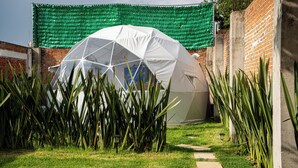 A white dome structure in a garden with green plants and a brick wall in the background. - Glamping Cholula (San Pedro Cholula)