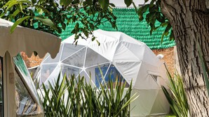 A tent-like structure with a geometric design, surrounded by a grassy area and a tree. - Glamping Cholula (San Pedro Cholula)