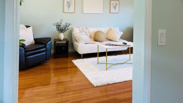 Un salon avec un canapé en cuir foncé, un canapé blanc, une table basse et un tapis blanc.