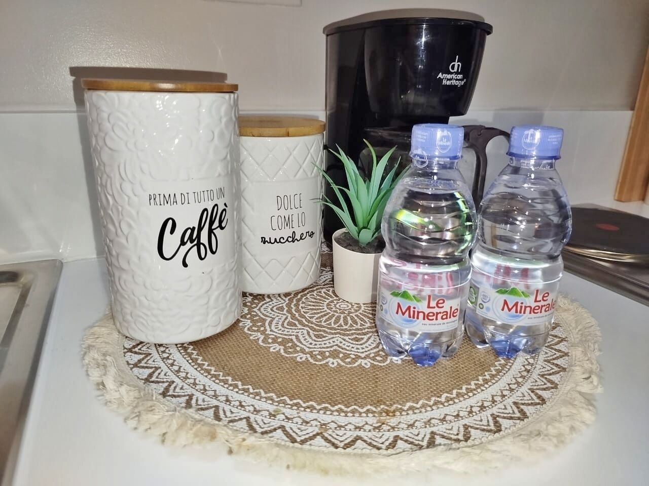 Un comptoir de cuisine avec une machine à café, deux bouteilles d’eau, une petite plante en pot et deux récipients décoratifs.
