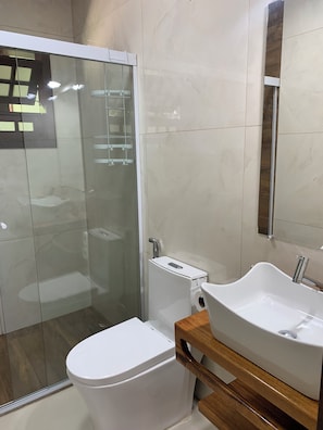 Shower, bidet, soap, toilet paper