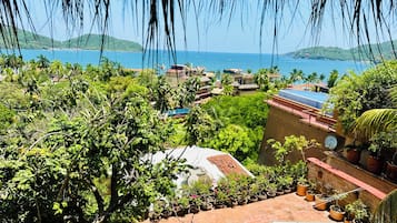 Enjoy a serene ocean view from the comfort of a patio surrounded by lush greenery and a beautiful landscape.