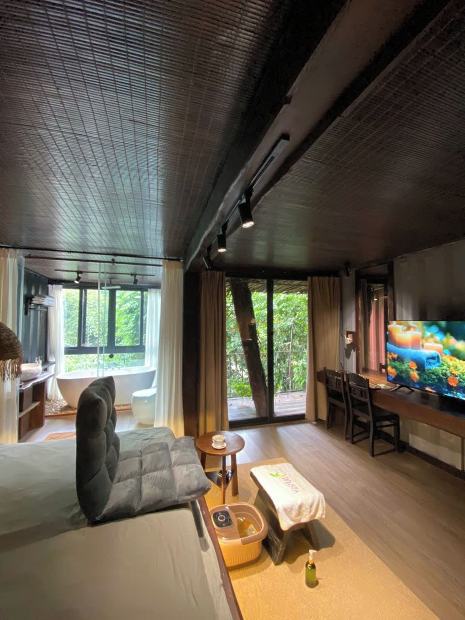 Una habitación con cama, televisión, escritorio y ventana con vistas a follaje.