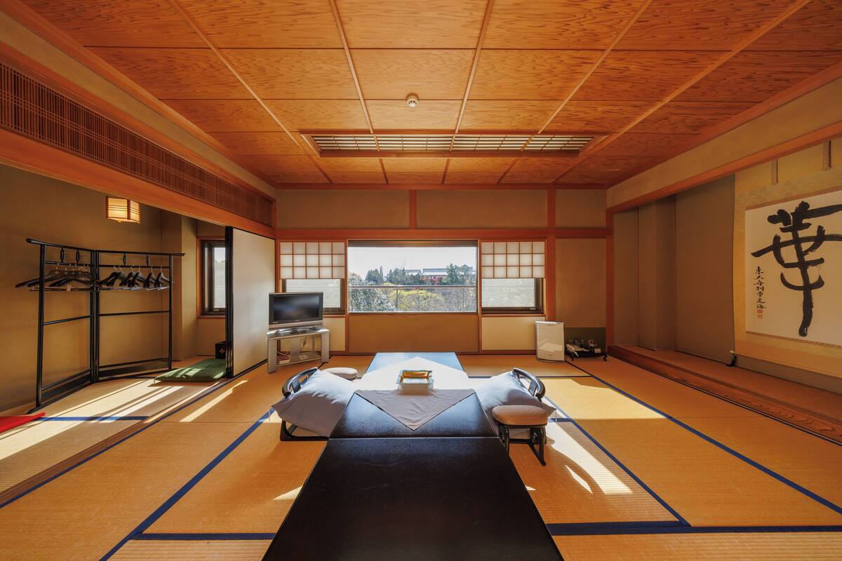 A tatami mat room with a futon bed, tatami flooring, a television, and a view through a window.