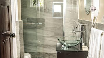 Shower, hair dryer, towels, soap