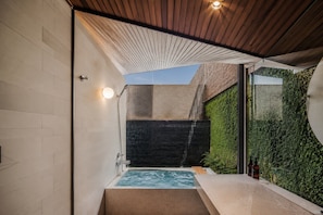 Separate tub and shower, hair dryer, bathrobes, slippers