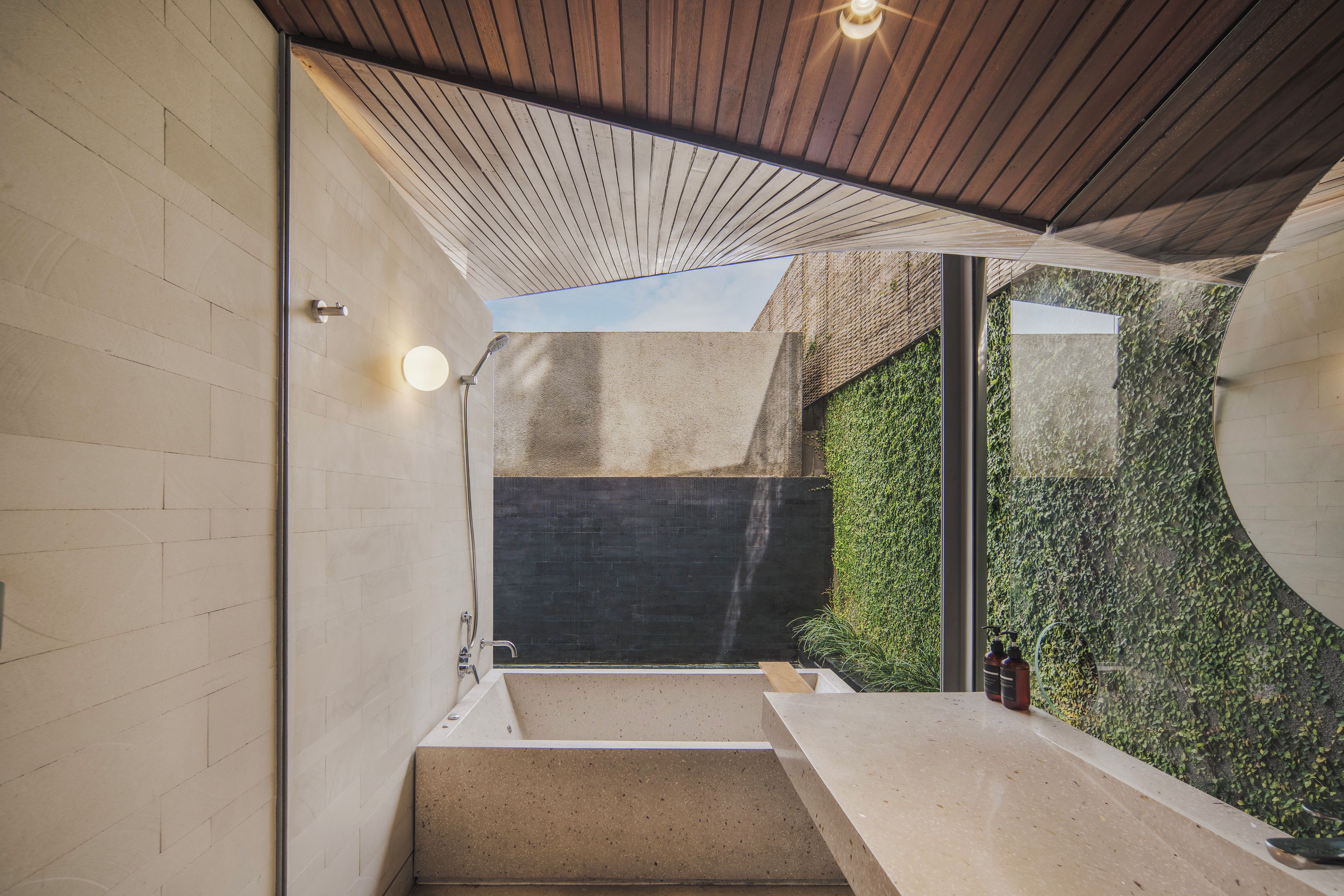 A modern interior with a concrete staircase, a wooden ceiling, and a view of greenery outside.