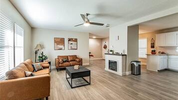 Una Smart TV, una chimenea, libros, una pantalla de ordenador