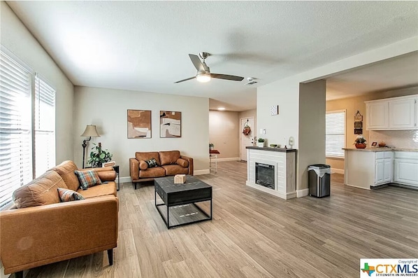 Smart TV, fireplace, books, computer monitors
