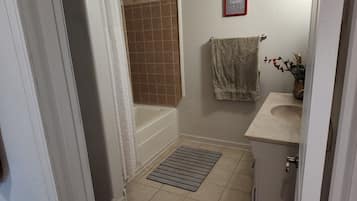 Hair dryer, towels, soap, toilet paper