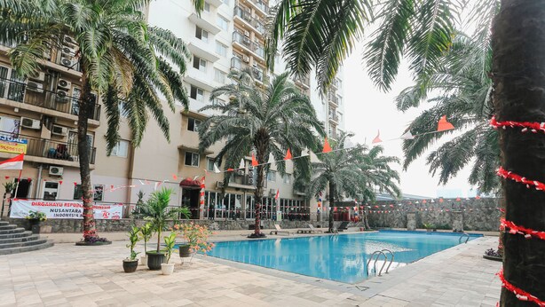 A swimming pool area with palm trees and a building in the background.