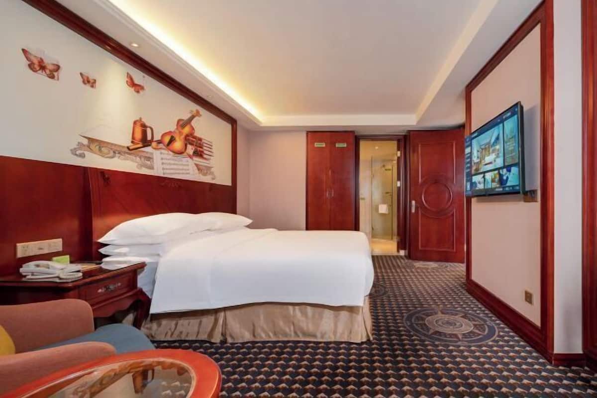 A hotel room with a large bed, a desk, a chair, a TV, and a patterned carpet.