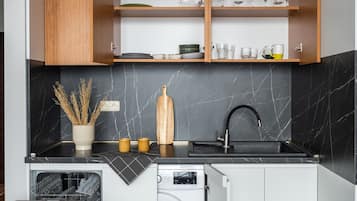 Panorama-lejlighed - 1 kingsize-seng med sovesofa - ikke-ryger - byudsigt | Privat køkken | Køleskab/fryser i fuld størrelse, mikrobølgeovn, elkedel