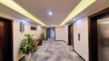 A hotel corridor with a patterned carpet, wooden doors, and potted plants.