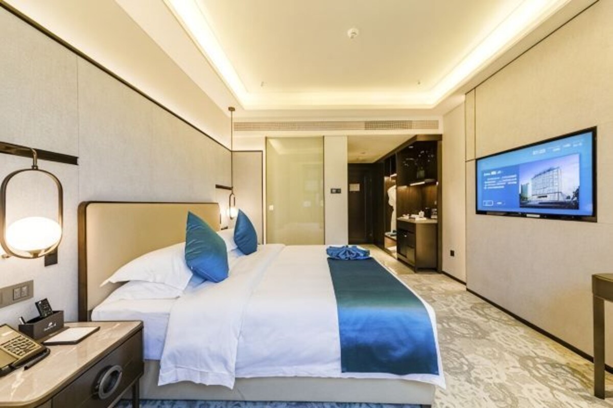 Une chambre d’hôtel avec un lit, une table de chevet, une télévision et un miroir.