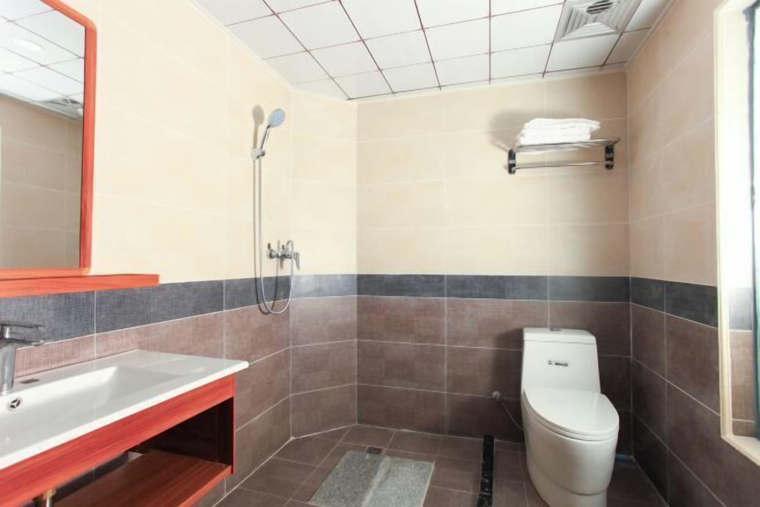 A small bathroom with a sink, mirror, shower, and toilet.