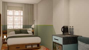 A hotel room with a bed, a nightstand, a desk with a coffee maker, and a view of buildings through the window.