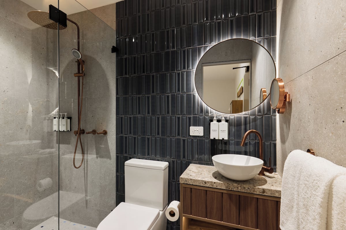 Shower, rainfall showerhead, eco-friendly toiletries, hair dryer
