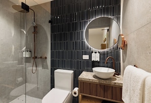 Shower, rainfall showerhead, eco-friendly toiletries, hair dryer