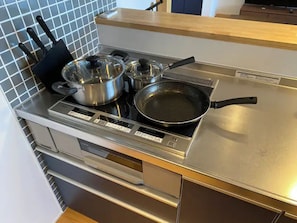 Fridge, microwave, stovetop, electric kettle