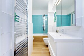 Shower, hair dryer, bidet, towels