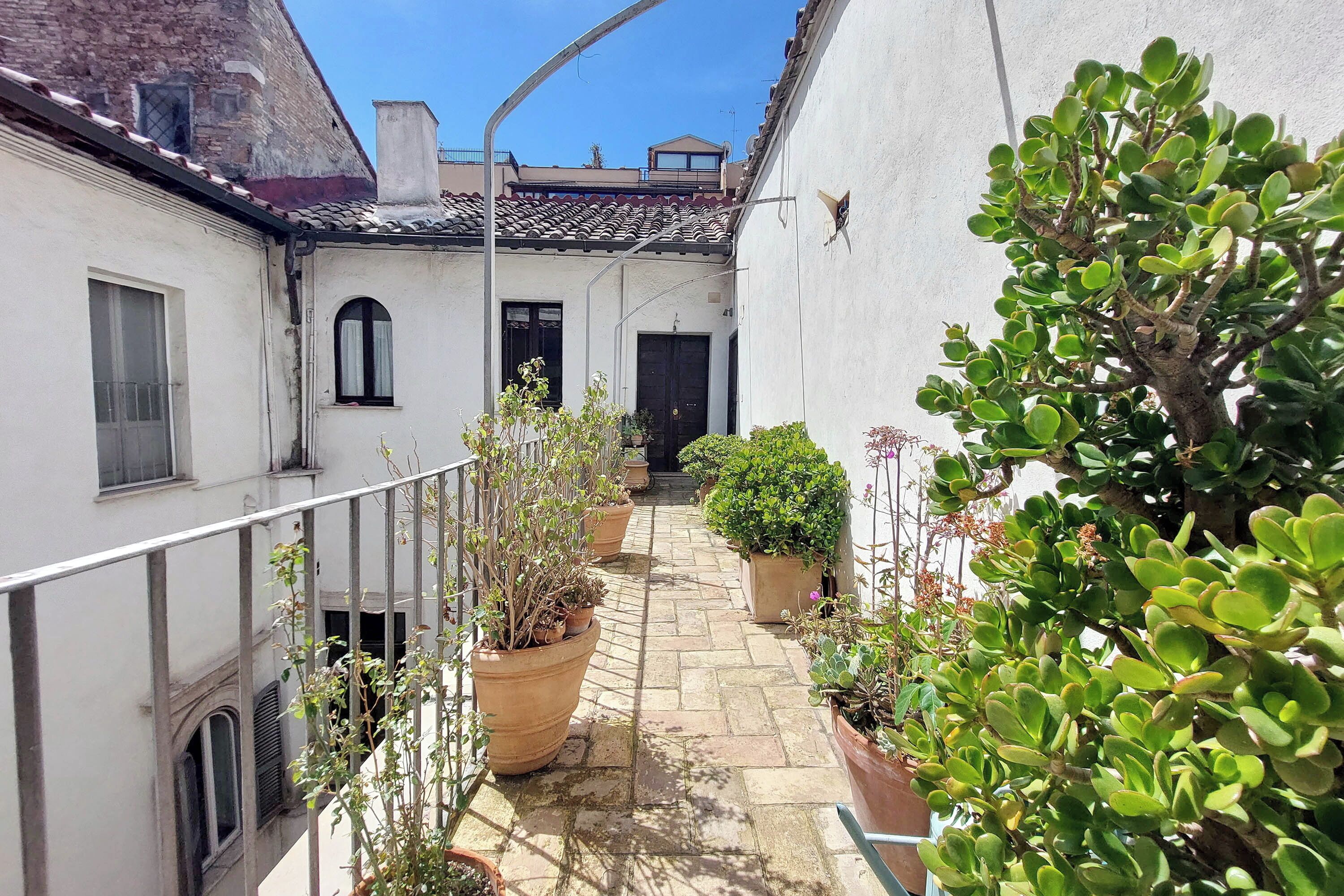 A narrow courtyard with potted plants and a tiled roof.