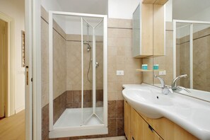 Shower, hair dryer, bidet, towels