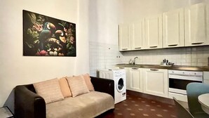 Un espace de vie compact comprenant un canapé, un lave-linge, une table à manger et un coin cuisine avec des placards et un évier.