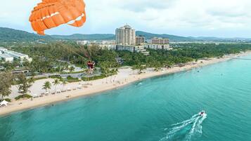 Private beach, white sand, beach umbrellas
