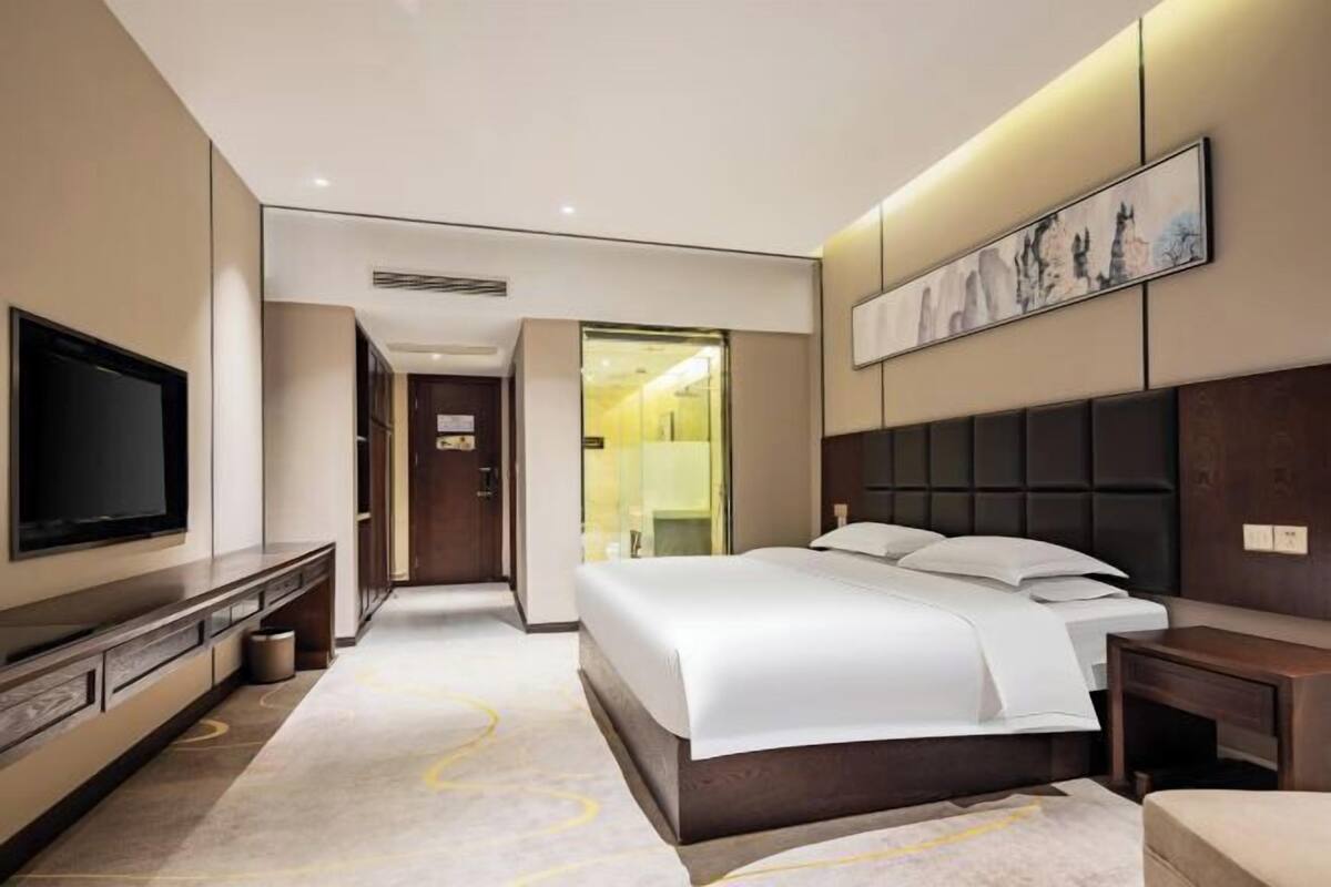 Une chambre d’hôtel moderne avec un grand lit, un téléviseur à écran plat, une table de chevet et un tableau au mur.