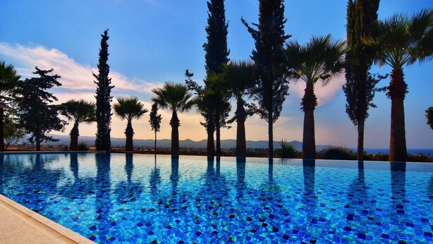 A pool with clear blue water, surrounded by tall palm trees and cypress trees, with a view of distant mountains. - Incredible Large Villa, Paphos, 6 bedrms BBQ Huge Pool Childrens pool Quiet area (2CQW+J39 Poli Crysochous, Cyprus)