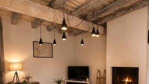 Un salon chaleureux avec un canapé vert, un téléviseur, une cheminée et des lampes suspendues.