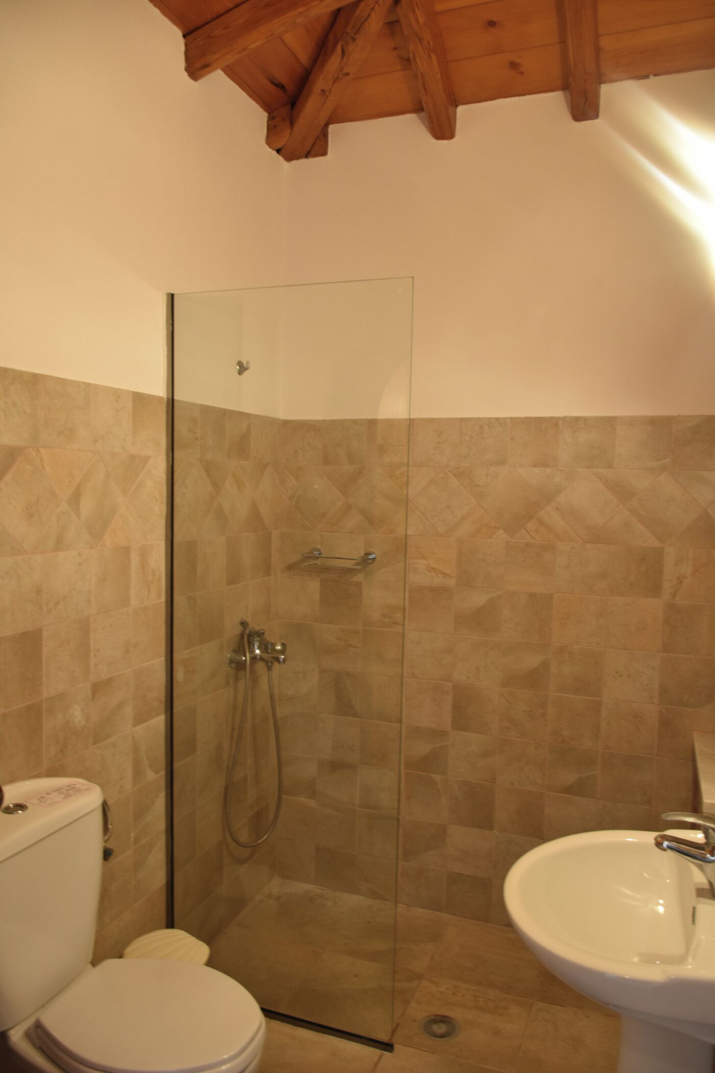 A bathroom with a glass shower enclosure, a toilet, and a sink.