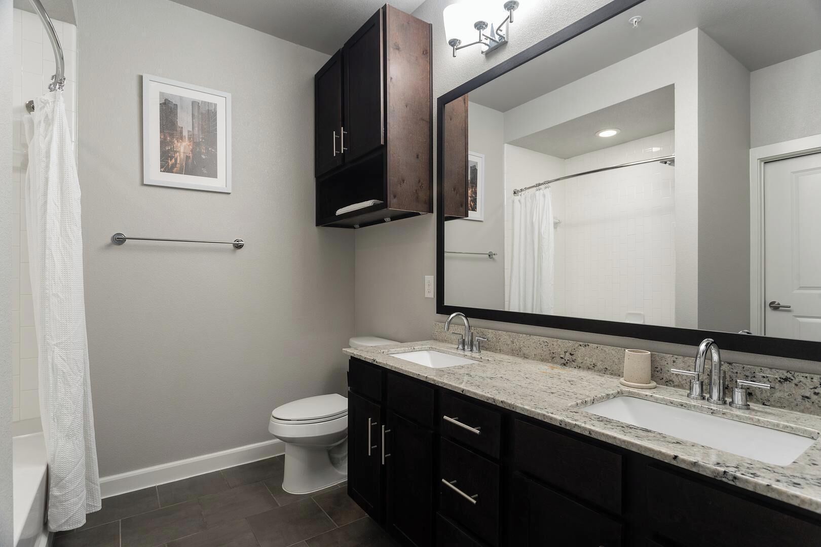 A modern bathroom with a double sink, dark cabinets, a large mirror, and a framed picture on the wall.