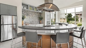 Fridge, dining tables