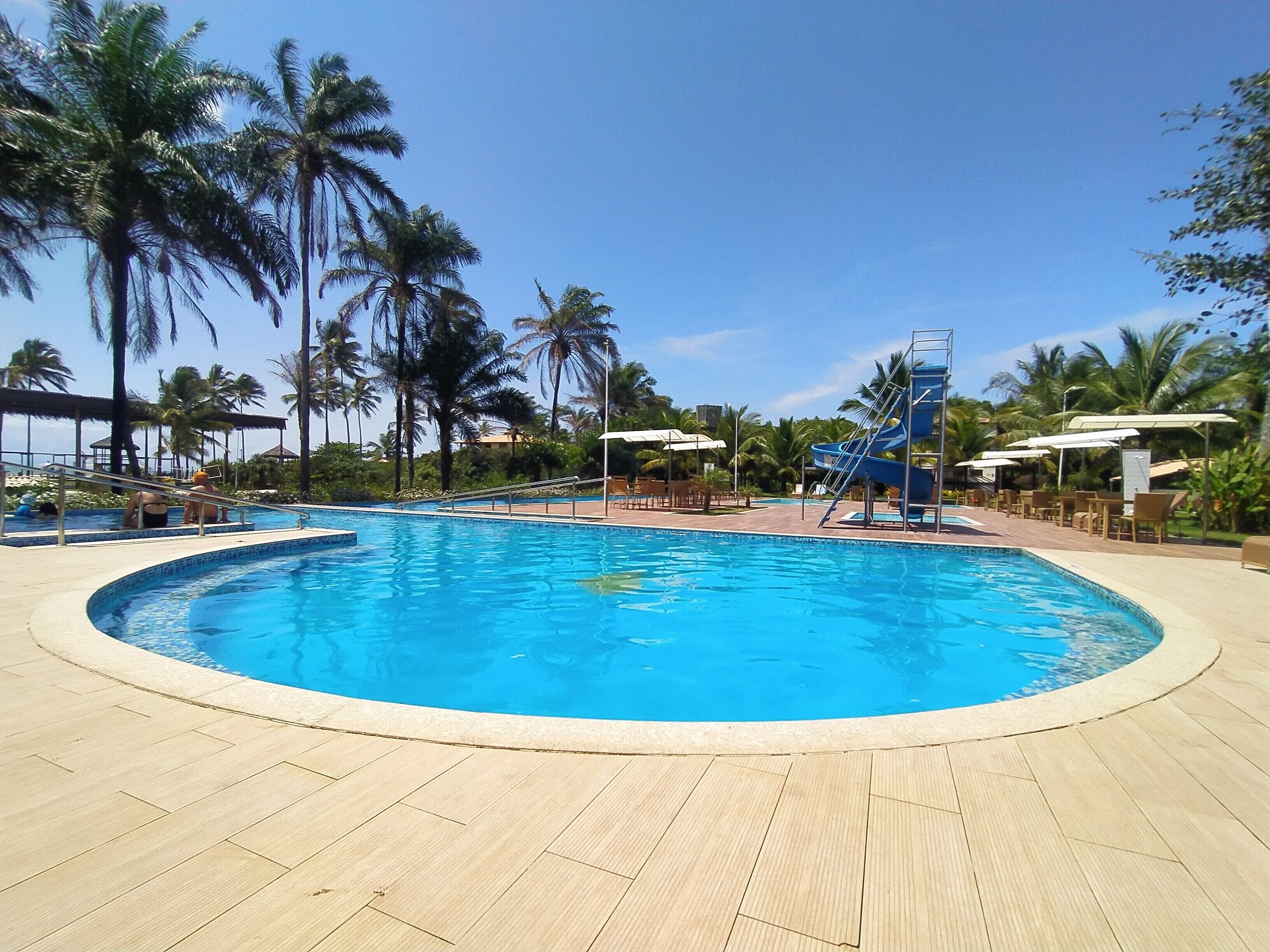 A swimming pool with a slide, surrounded by palm trees and lounge chairs.