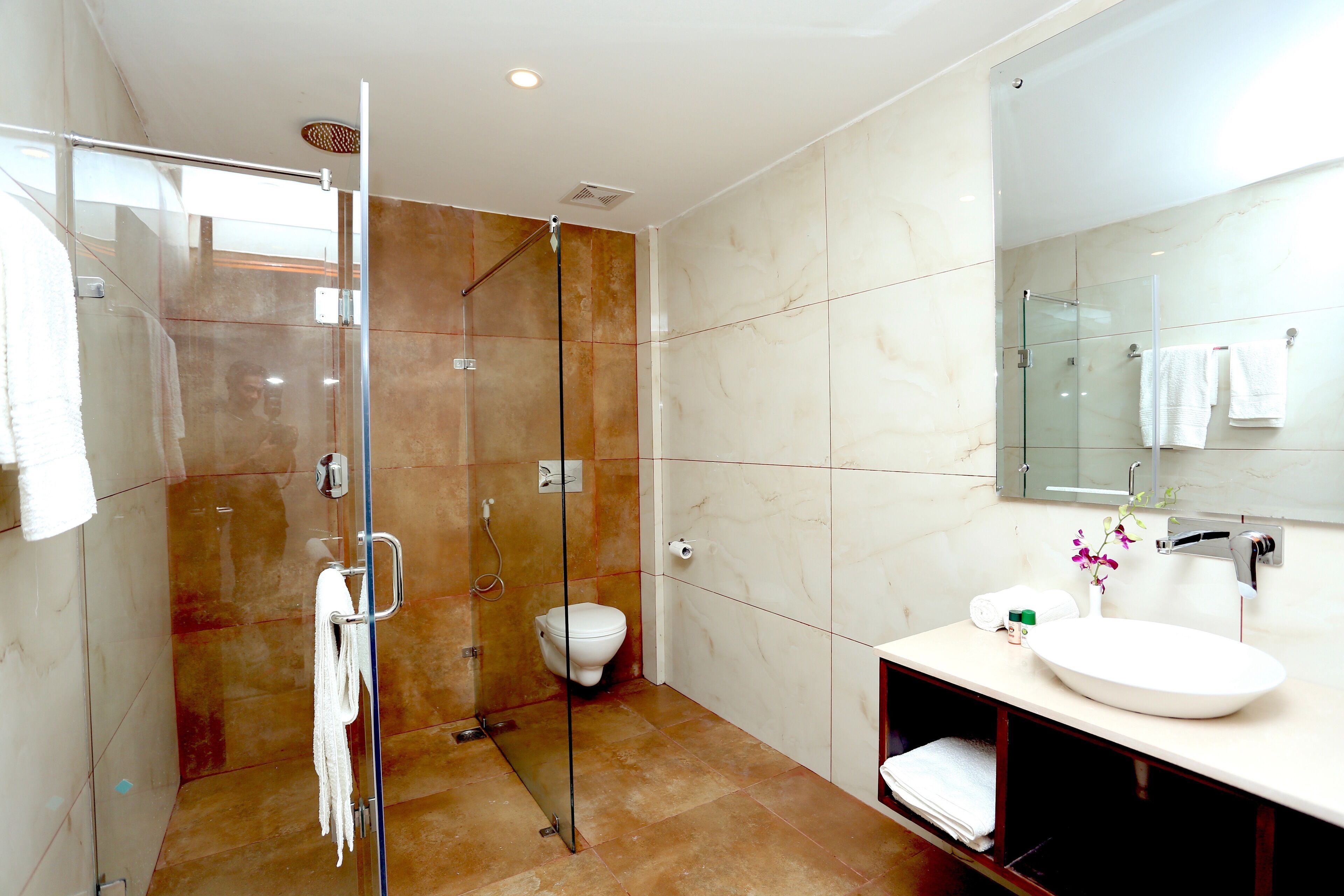 A modern bathroom with a glass-enclosed shower, a white sink, and a large mirror.