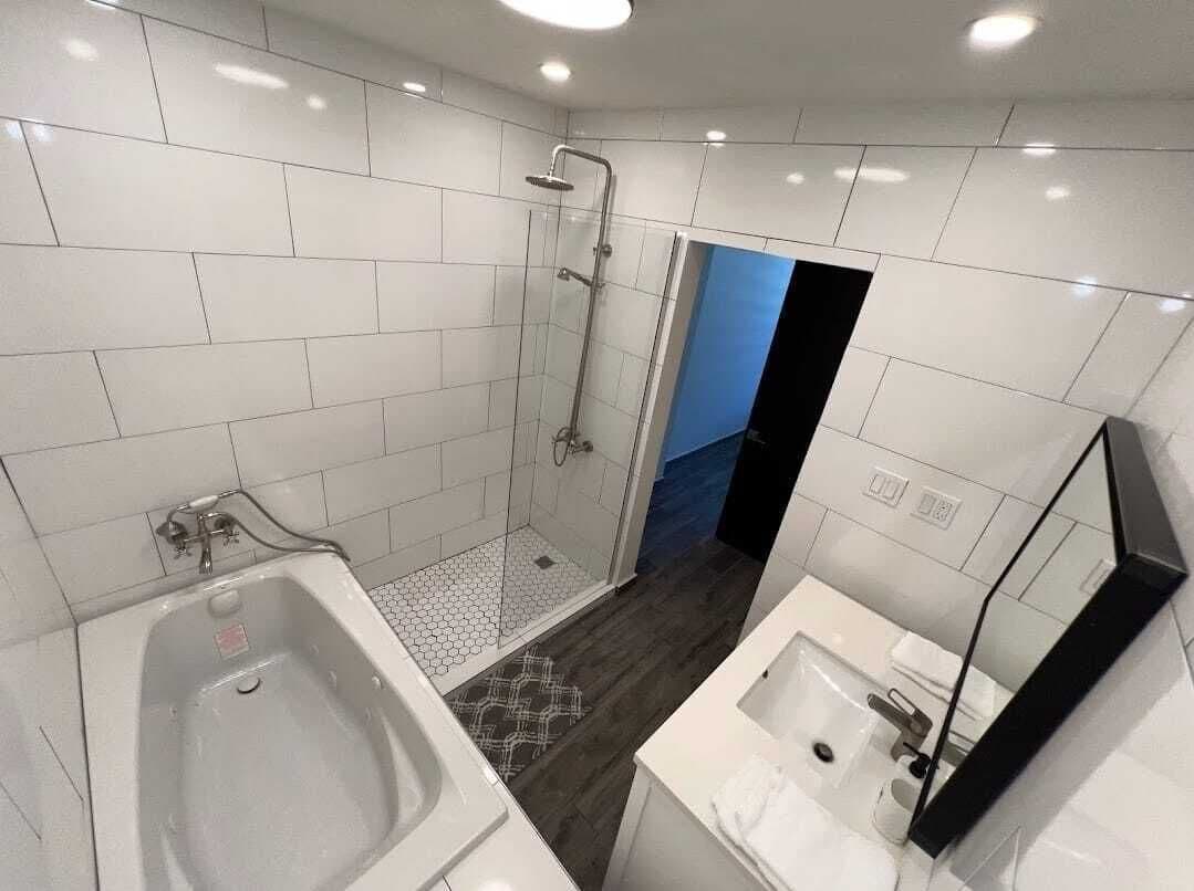 Hair dryer, towels, soap, toilet paper